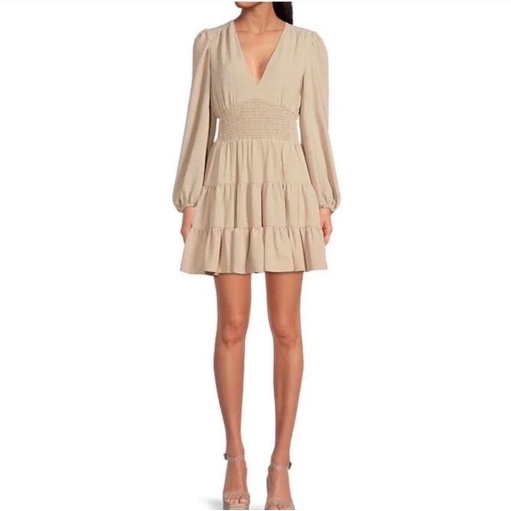 Gianni Bini Talia Beige Long Sleeve Smocked Waist Tiered Hem Dress